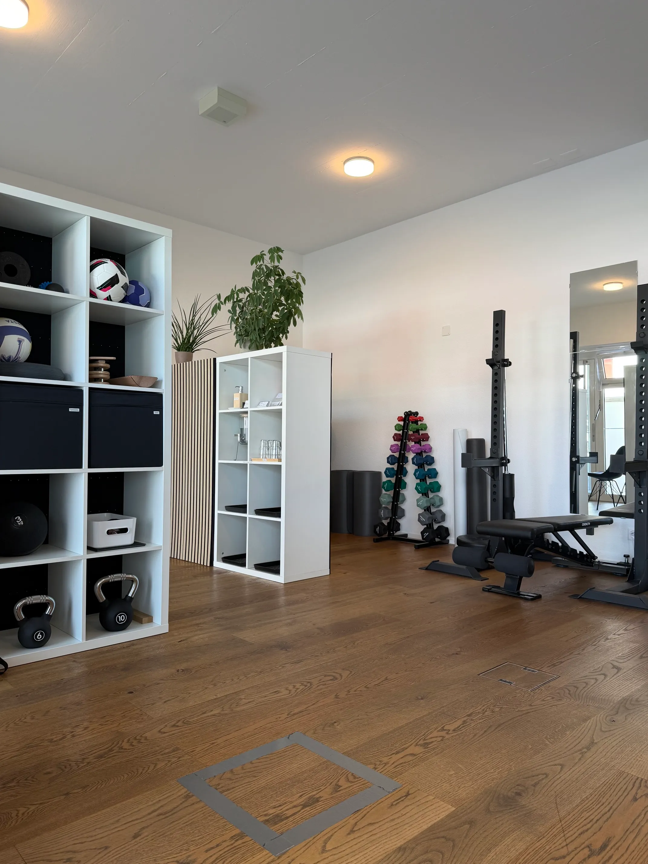Praxisräumlichkeiten von physio in: Trainingsbereich mit Regal, Kurzhanteln, Hantelbank und Kraftständer